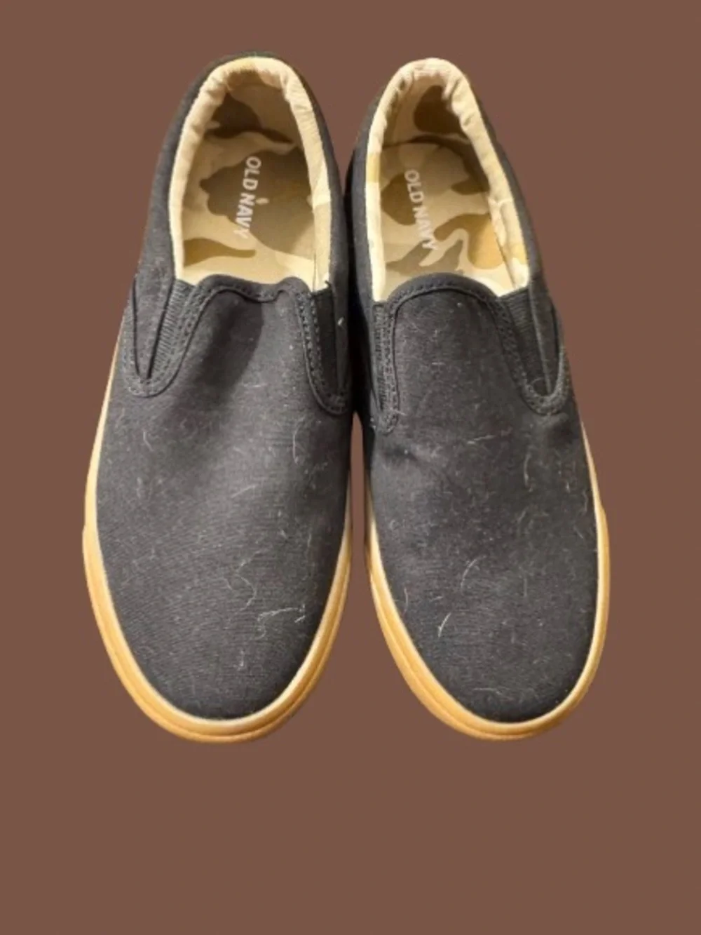 Boys Slip-On Canvas Sneakers in Black/Tan Camo with Gum Sole Size 4